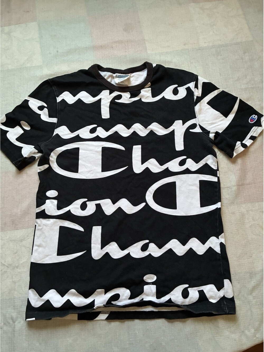 Champion Men’s Medium Black White All Over Logo Graphic T-Shirt -0003